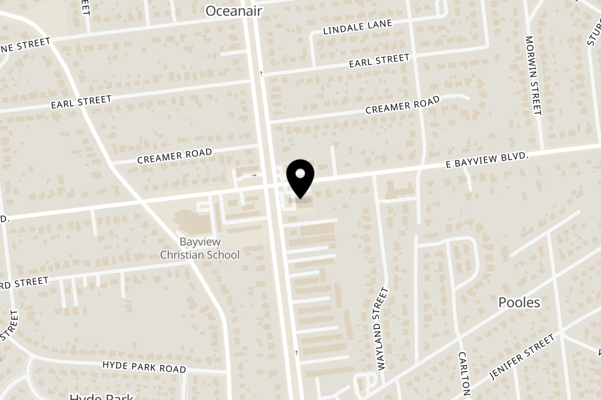 Map showing the location of BellaZa on 1007 E Bayview Blvd Suite 101 in Norfolk